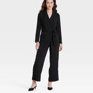NWT A New Day Womens Black Long Sleeve Belted Wide Leg Jumpsuit Size XS